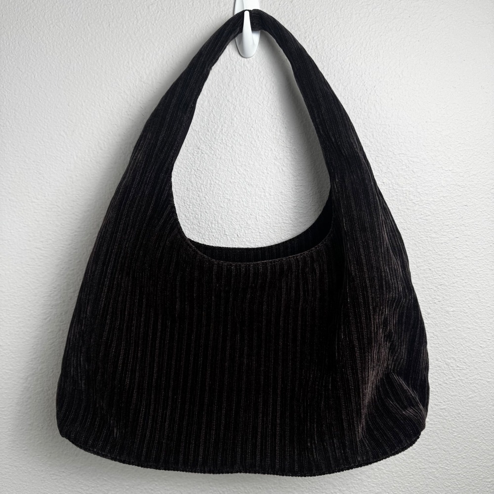Stradivarius Corduroy Hobo Shoulder Bag Medium Slouchy Dark Brown Zip Closure